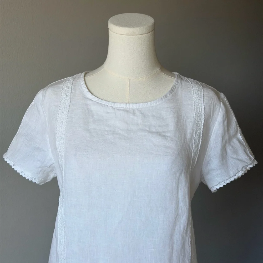 Chic Laura Bianchi White Linen Back Buttons Lace Trim Short Sleeve Women's Top-S - Picture 3 of 15
